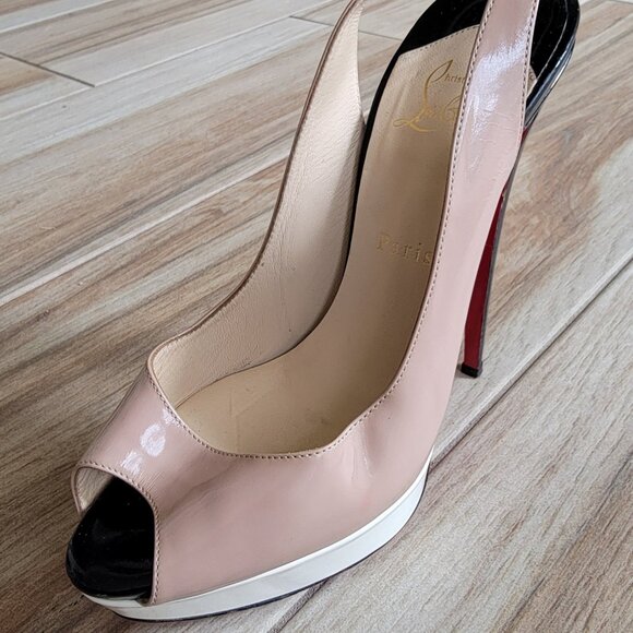 Christian Louboutin Nude/White/Black Patent Leather Lady Peep Slingback 150mm - Picture 3 of 15